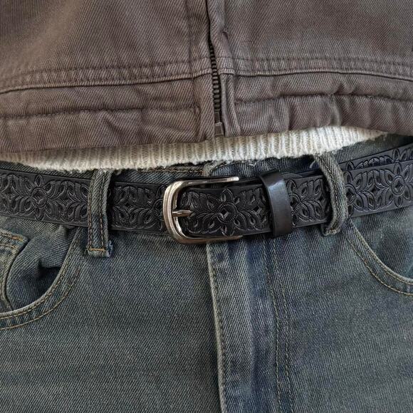 Western Black Carved Cowboy Belt Unisex Boho Style Adjustable 43" Long - Picture 6 of 9